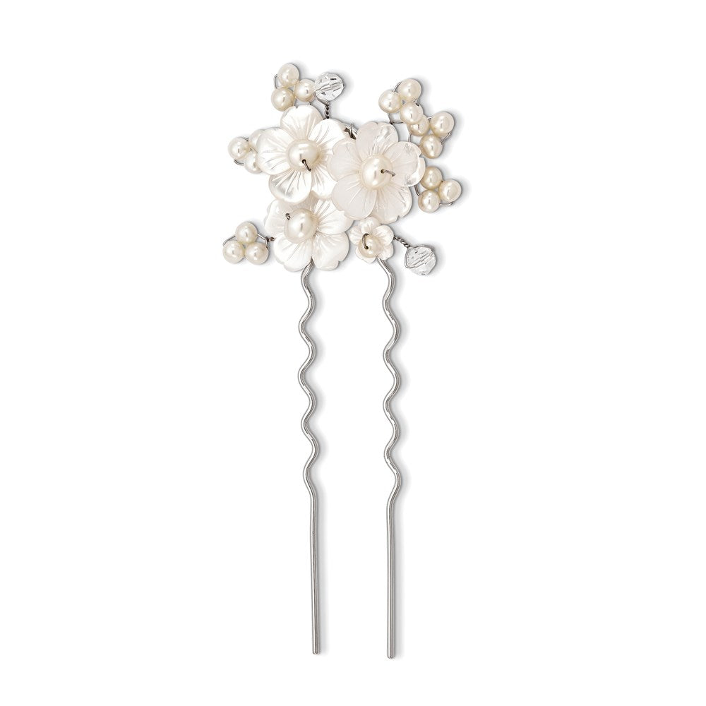 White FWC Pearl MOP Flower Swarvoski Crystal Hair Pin