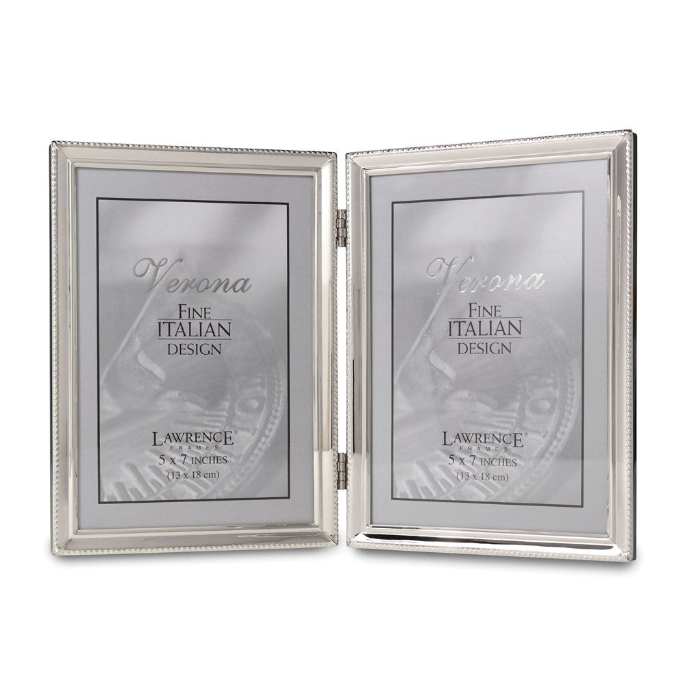 Occasion Gallery Polished Silver-plated 5x7 Hinged Double Photo Picture Frame - Bead Border Design