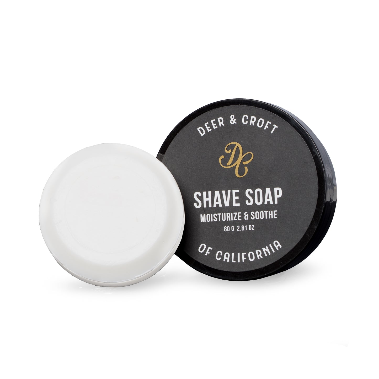 Occasion Gallery White Color Deer & Croft Moisturize and Soothe 80g Shave Soap in Sealing Plastic Travel case. 2.75 L x 2.75 W x 0.85 H in.