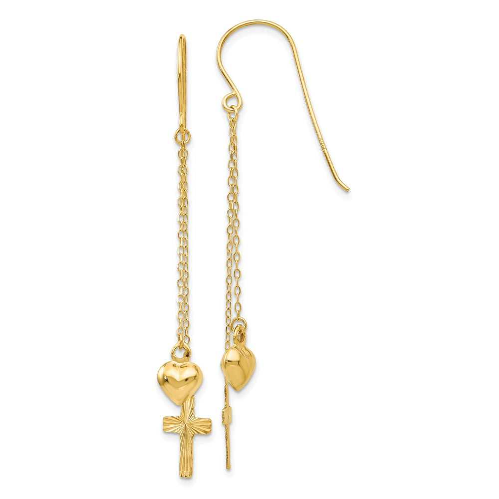 Million Charms 14k Yellow Gold Ropa Chain Puffed Heart & Diamond-Cut Cross Dangle Earrings, 51mm x 8mm