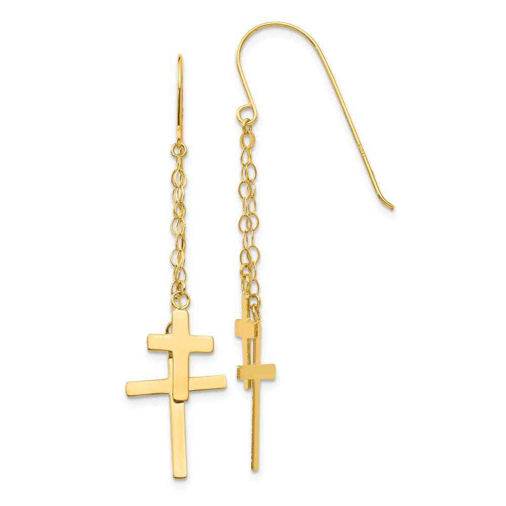 Million Charms 14k Yellow Gold Chain Dangle Cross Shepherd Hook Earrings, 56mm x 12mm