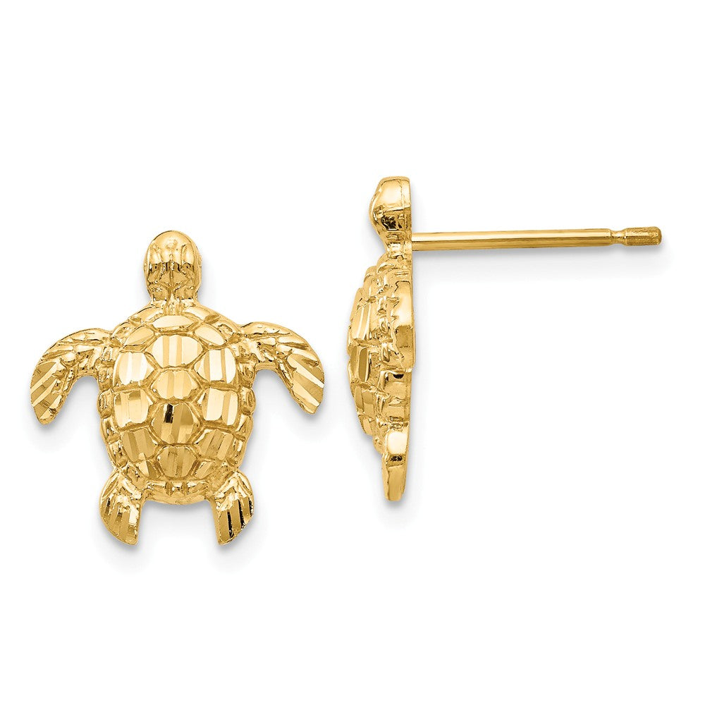 Million Charms 14k Yellow Gold Gold Polished & Textured Sea Turtles Post Earrings, 14mm x 13mm