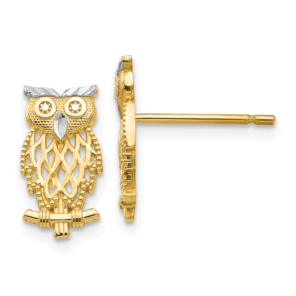Million Charms 14k with Rhodium Polished Cut-out Owl Post Earrings, 13mm x 6mm