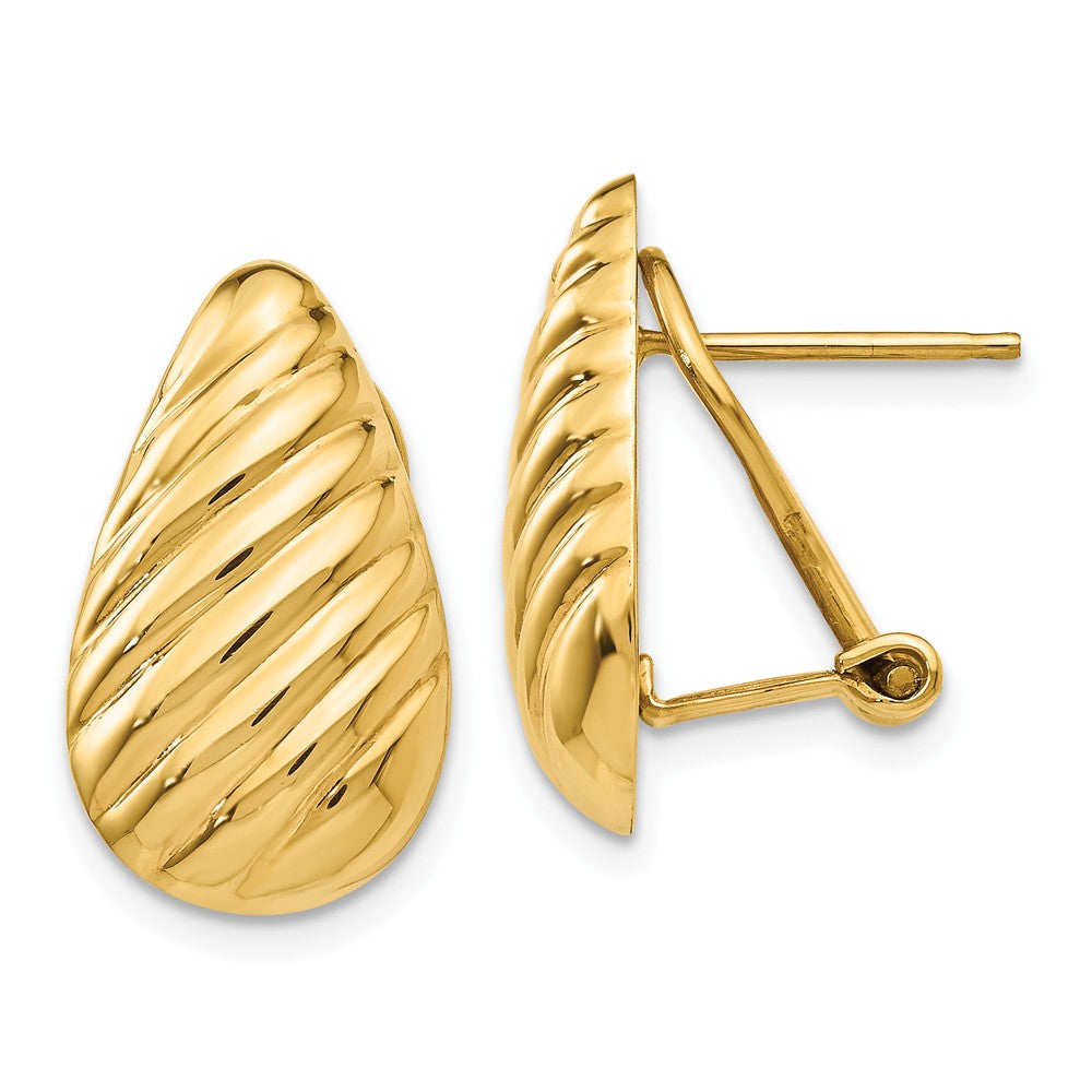 Million Charms 14k Yellow Gold Polished Diagonal Teardrop Omega Back Post Earrings, 20mm x 11mm