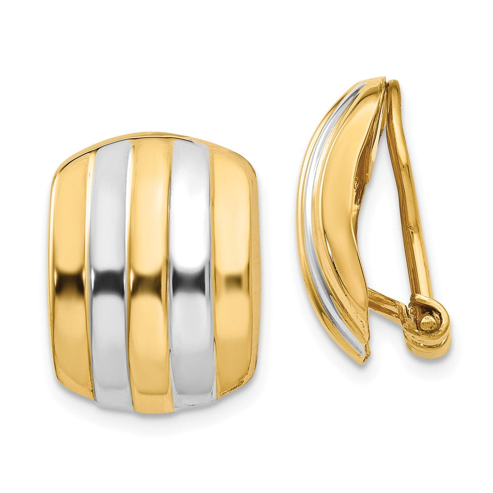 Million Charms 14k & Rhodium Ribbed Non-pierced Omega Back Earrings, 17mm x 12mm