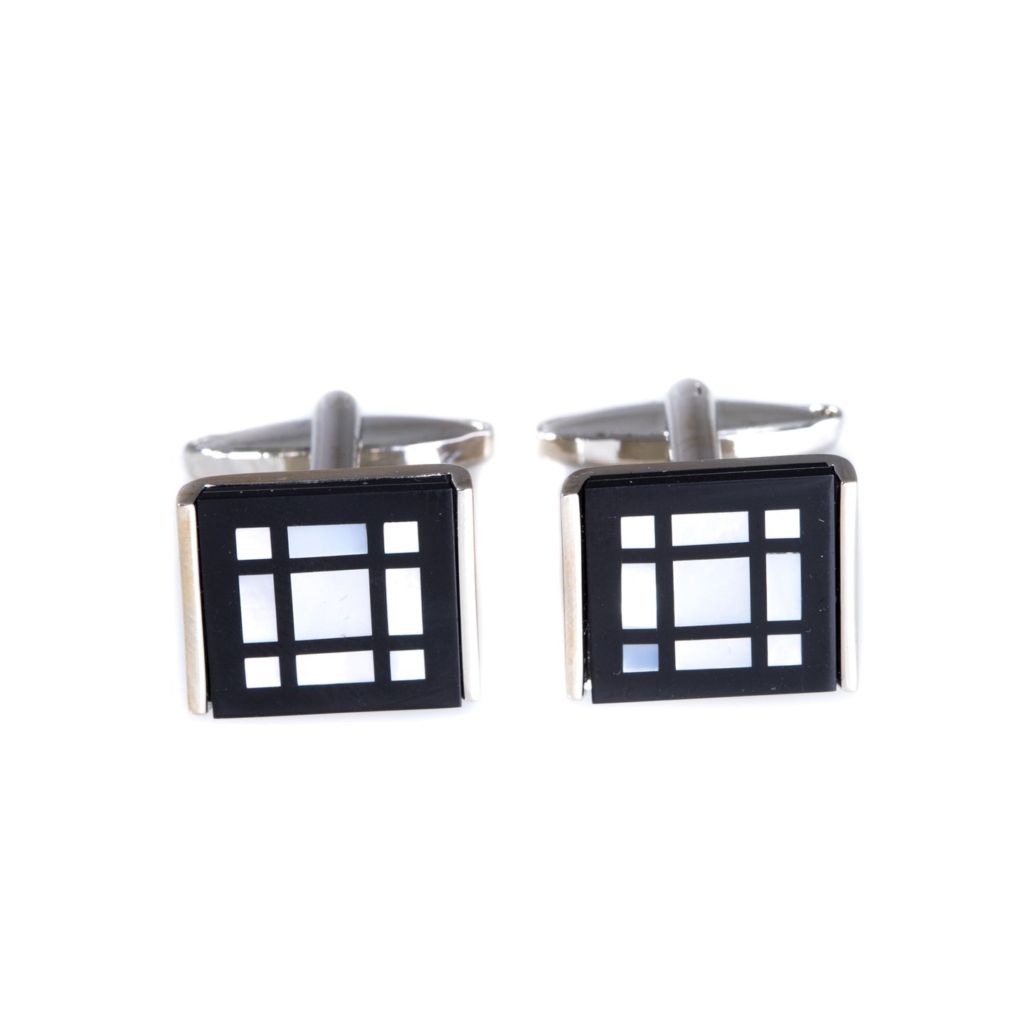 Occasion Gallery Silver Color Rhodium Plated Cufflinks with Black 'Onyx' and Mother of Pearl Square Design. 0.75 L x 0.75 W x 1 H in.