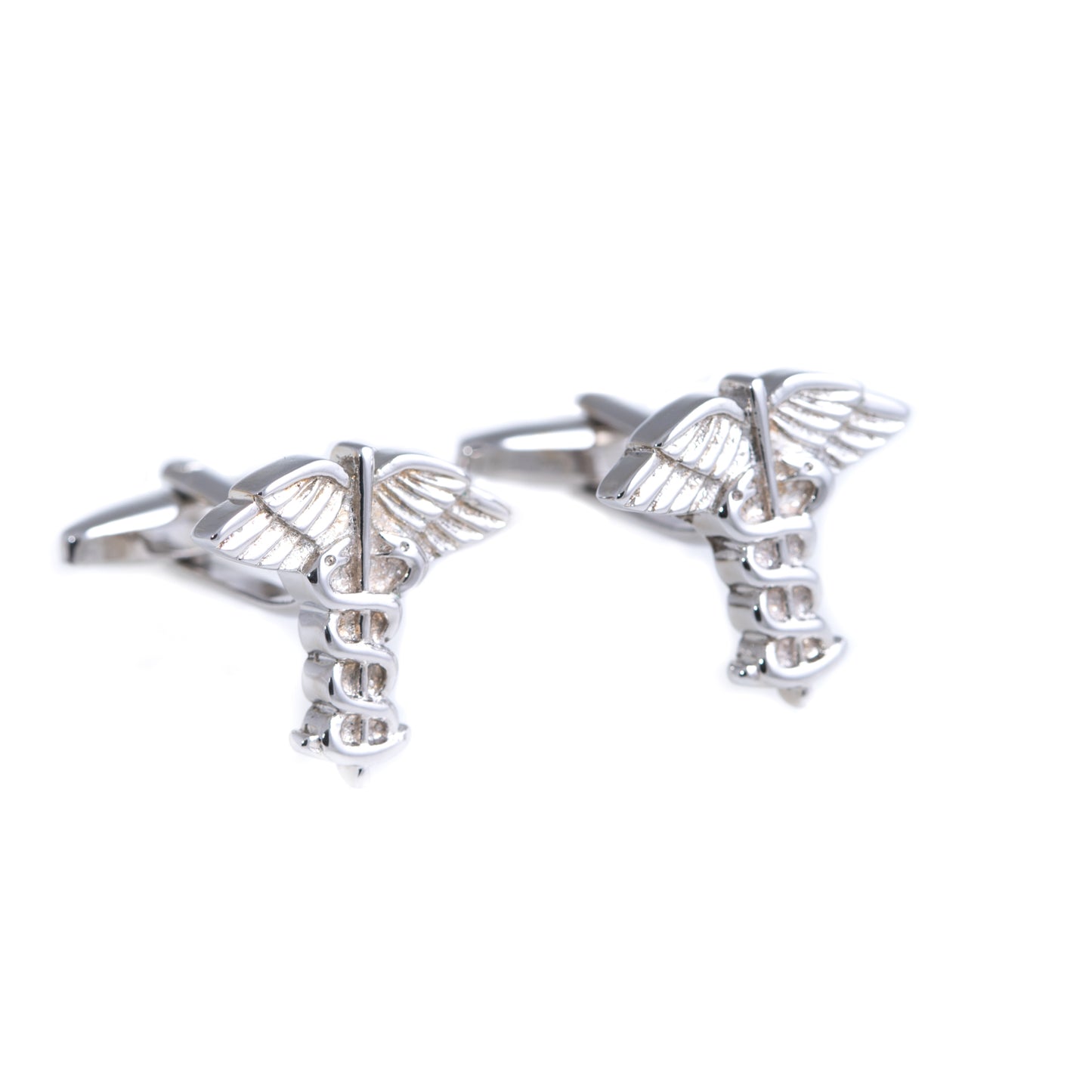 Occasion Gallery Silver Color Rhodium Plated Cufflinks with Caduceus Design. 0.75 L x 0.75 W x 1 H in.