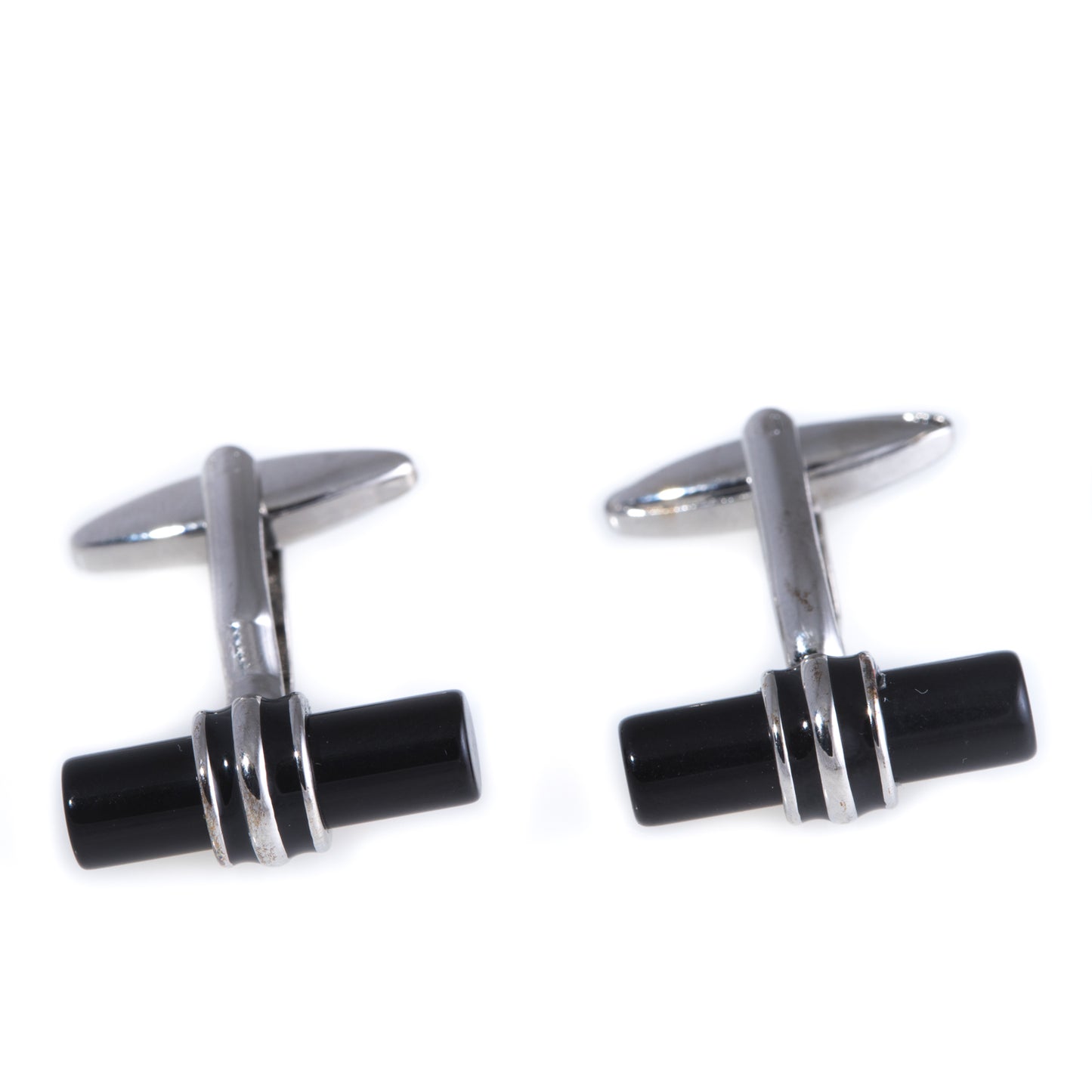 Occasion Gallery Silver Color Rhodium Plated Round "Black" Bar Cufflinks. 0.75 L x 0.5 W x 1 H in.