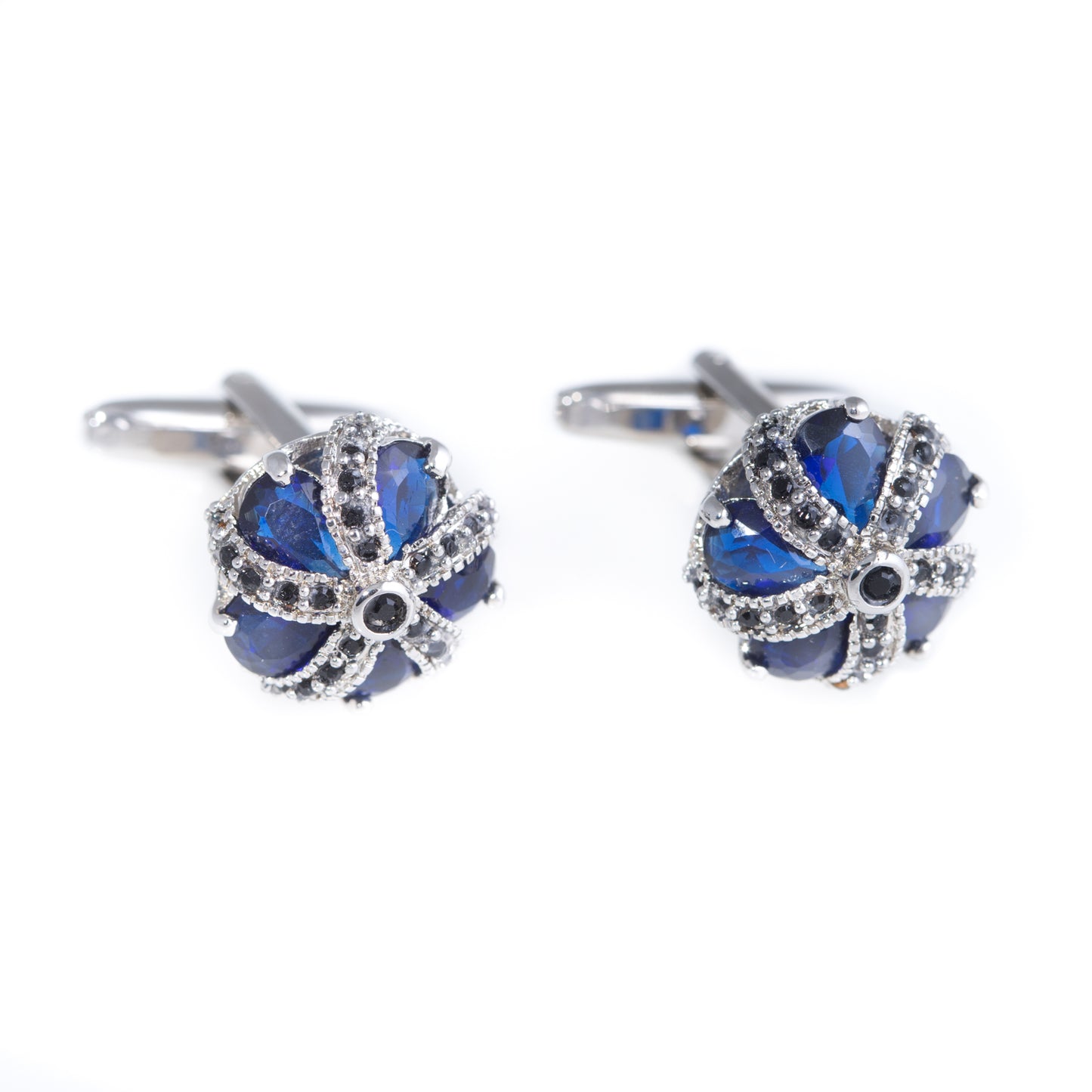 Occasion Gallery Black Color Rhodium Plated Blue "Crown" Cufflinks. 0.65 L x 1 W x H in.