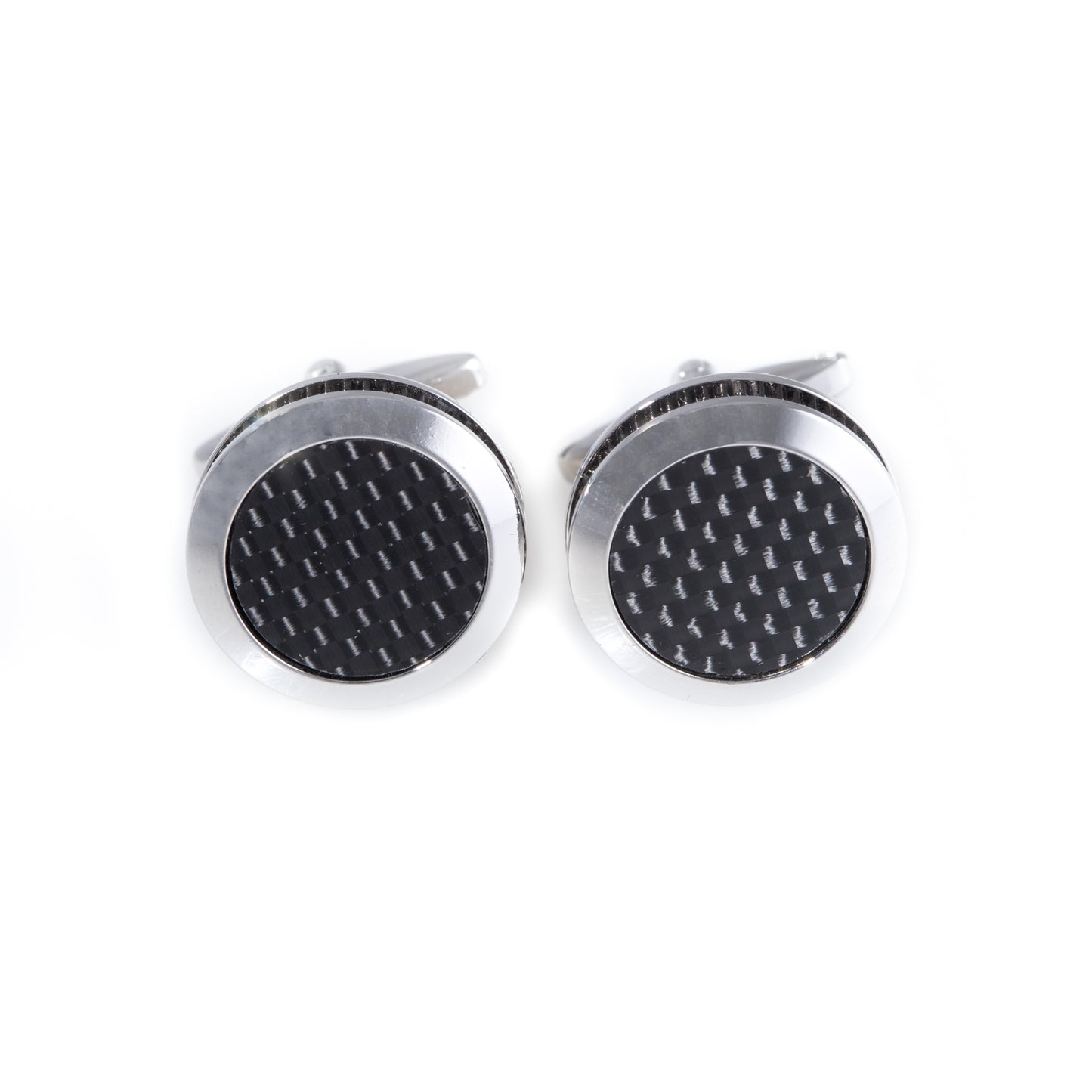 Occasion Gallery Black/Gray Color Rhodium Plated Cufflinks with Round "Carbon Fiber" Design. 1 L x 0.5 W x 0.5 H in.