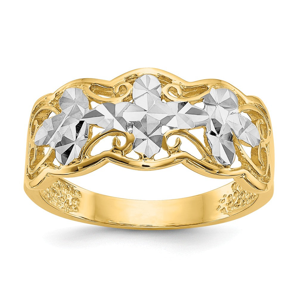 14k Yellow Gold Rhodium Diamond-cut Wave Ring, Size: 6
