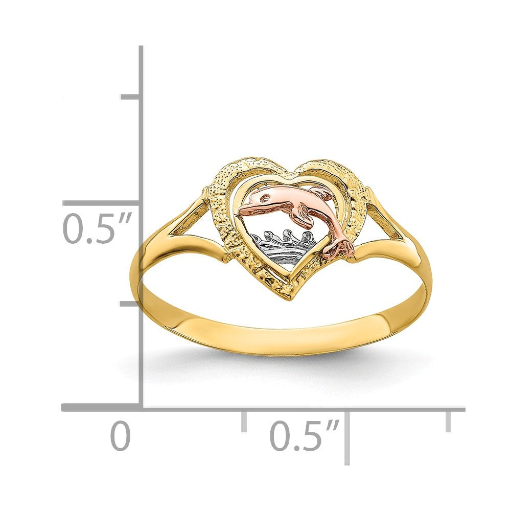 14k Yellow & Rose Gold with Rhodium Dolphin in Heart Ring, Size: 7