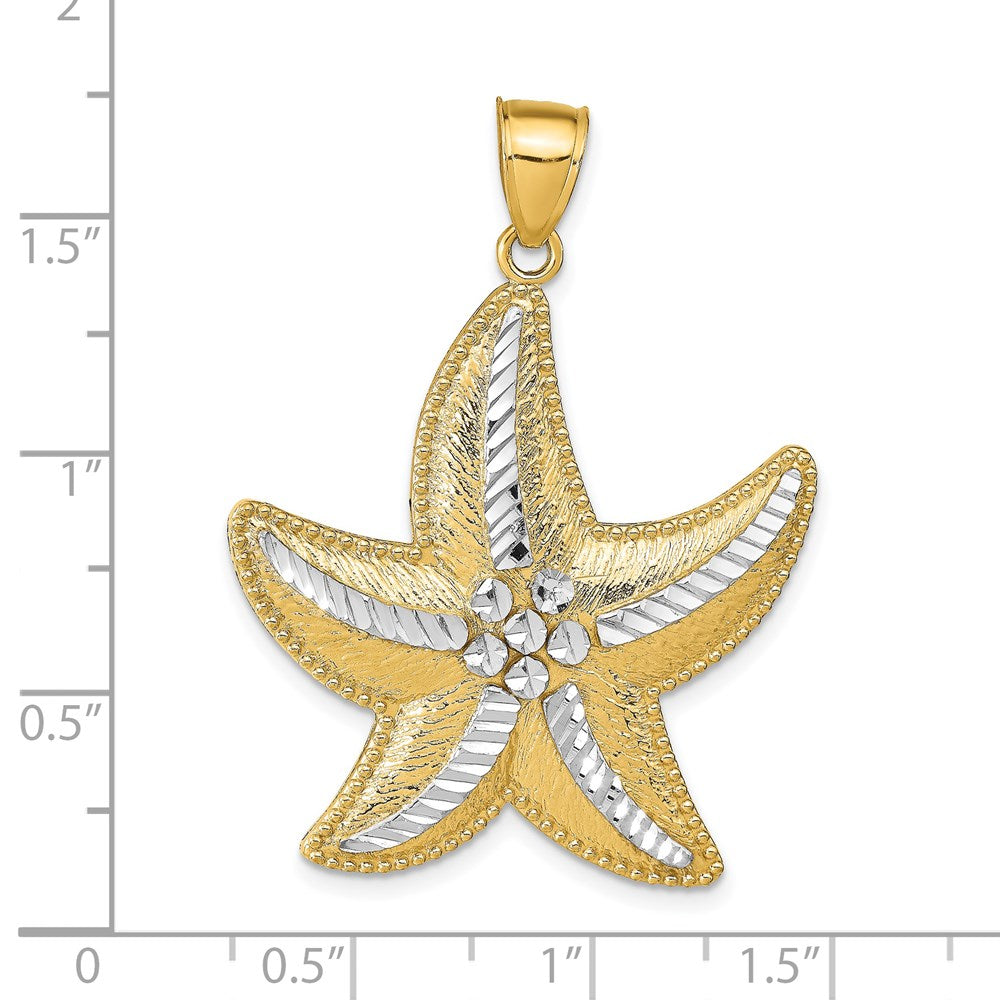 Million Charms 14K Yellow Gold Themed, Rhodium-plated Diamond-Cut Textured Nautical Starfish Pendant