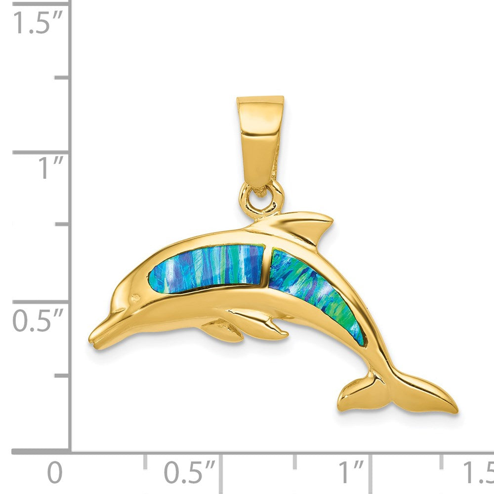 Million Charms 14K Yellow Gold Themed Imitation Opal Dolphin Pendant