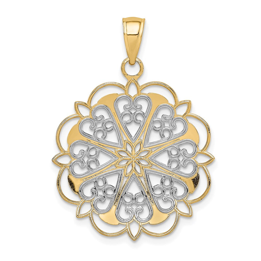 Million Charms 14K Yellow Gold Themed, Rhodium-plated Filigree Hearts With Scalloped Edge Pendant