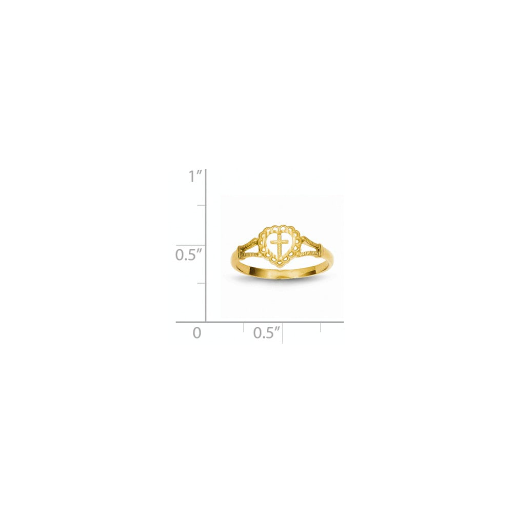 Anillo de corazón y cruz para niña de oro amarillo de 14 quilates con corte diamante, talla: 4
