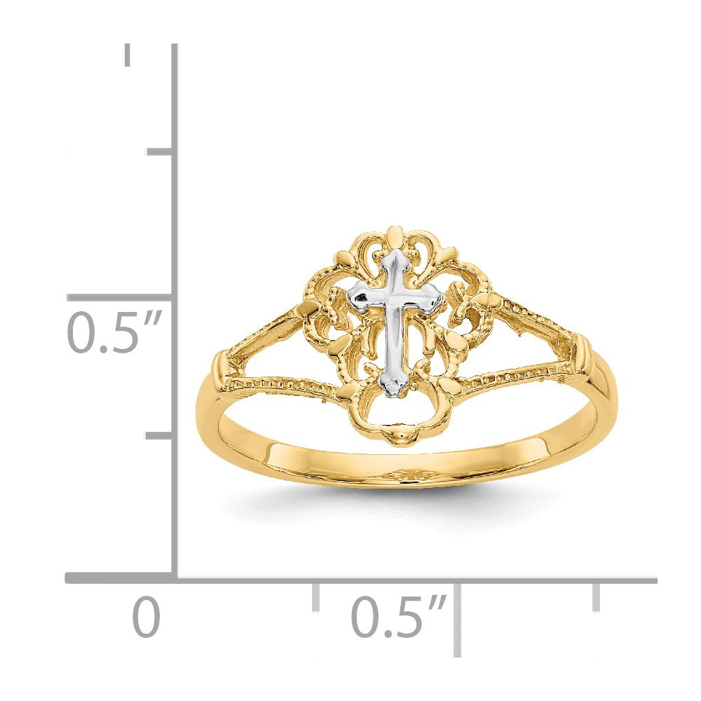Anillo de cruz con corte de diamante en oro de dos tonos de 14K, talla: 6.5
