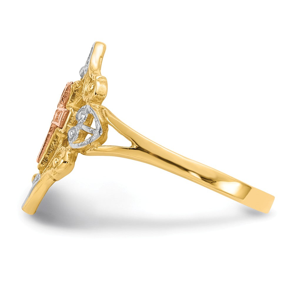 Anillo de cruz en oro tricolor de 14k, oro amarillo y rosa con rodio, talla: 7