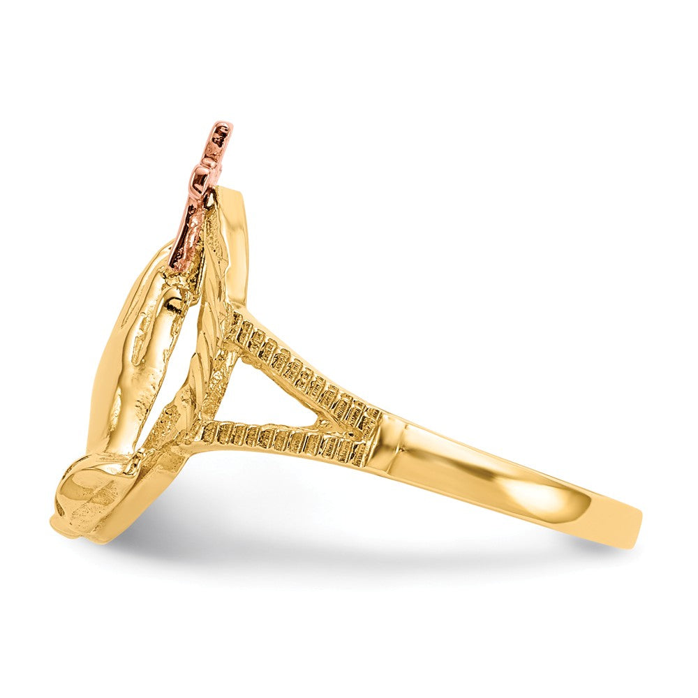 Anillo de cruz con manos en oración en oro de dos tonos de 14K con corte diamante, talla: 6