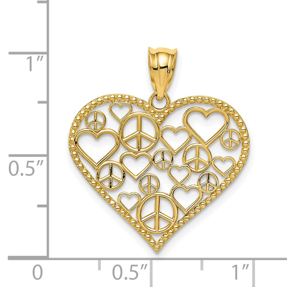 Million Charms 14K Yellow Gold Themed Polished Hearts & Peace Signs In Heart Pendant