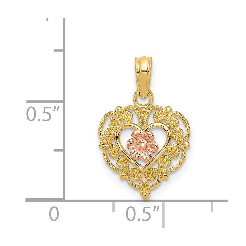 Million Charms 14K Two-Tone Polished Flower In Fancy Border Heart Pendant