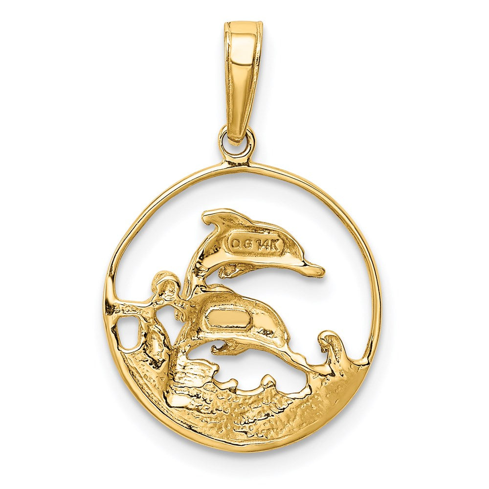 Million Charms 14K Yellow Gold Themed, Rhodium-plated Double Dolphins In Circle Pendant