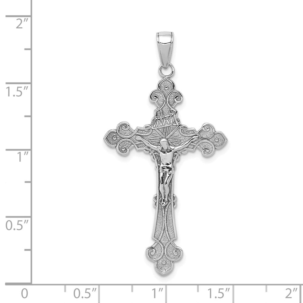 Million Charms 14K White Gold Themed Polished Textured Inri Relgious Crucifix Fleur De Lis Pendant