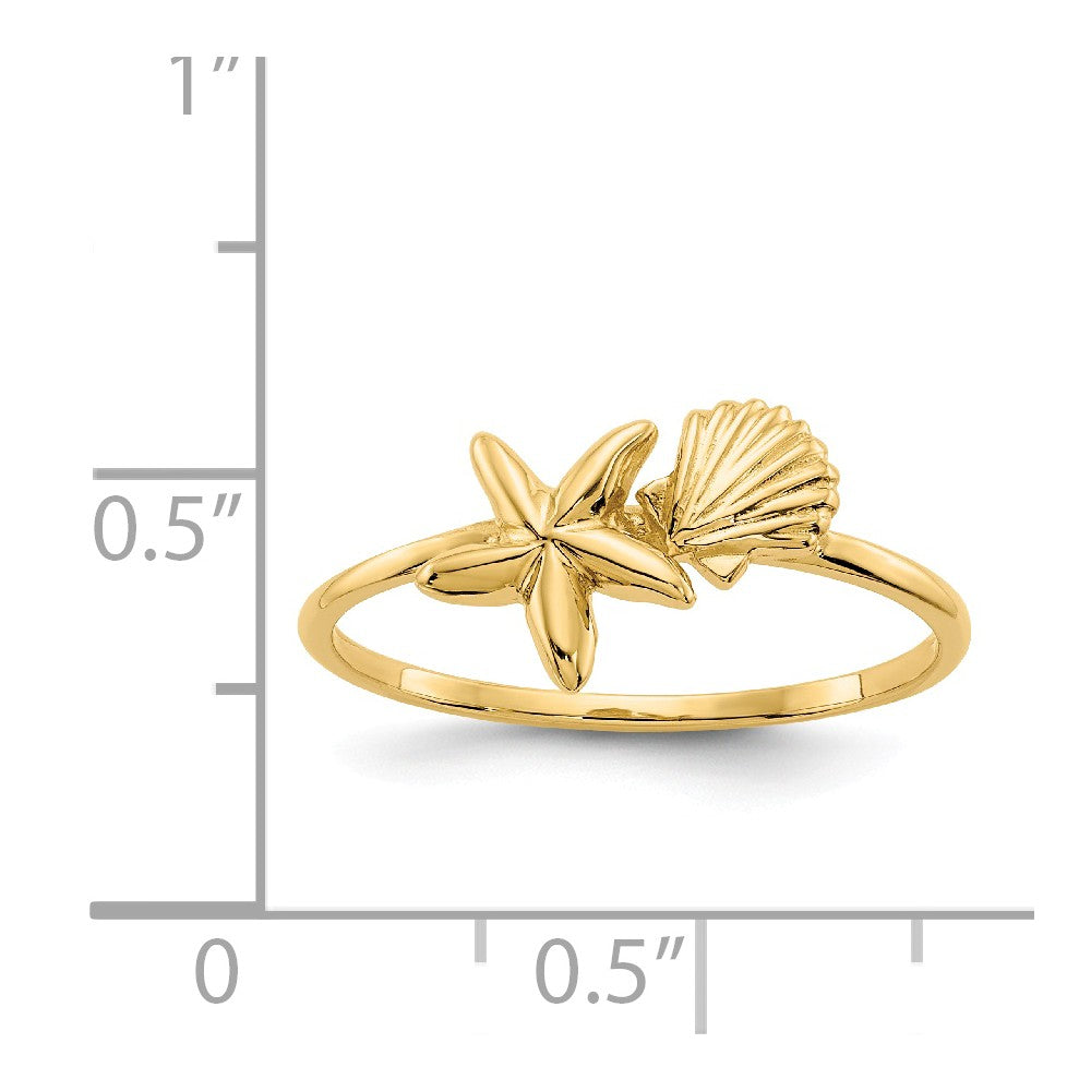 14k Yellow Gold Polished Shell & Starfish Ring, Size: 7