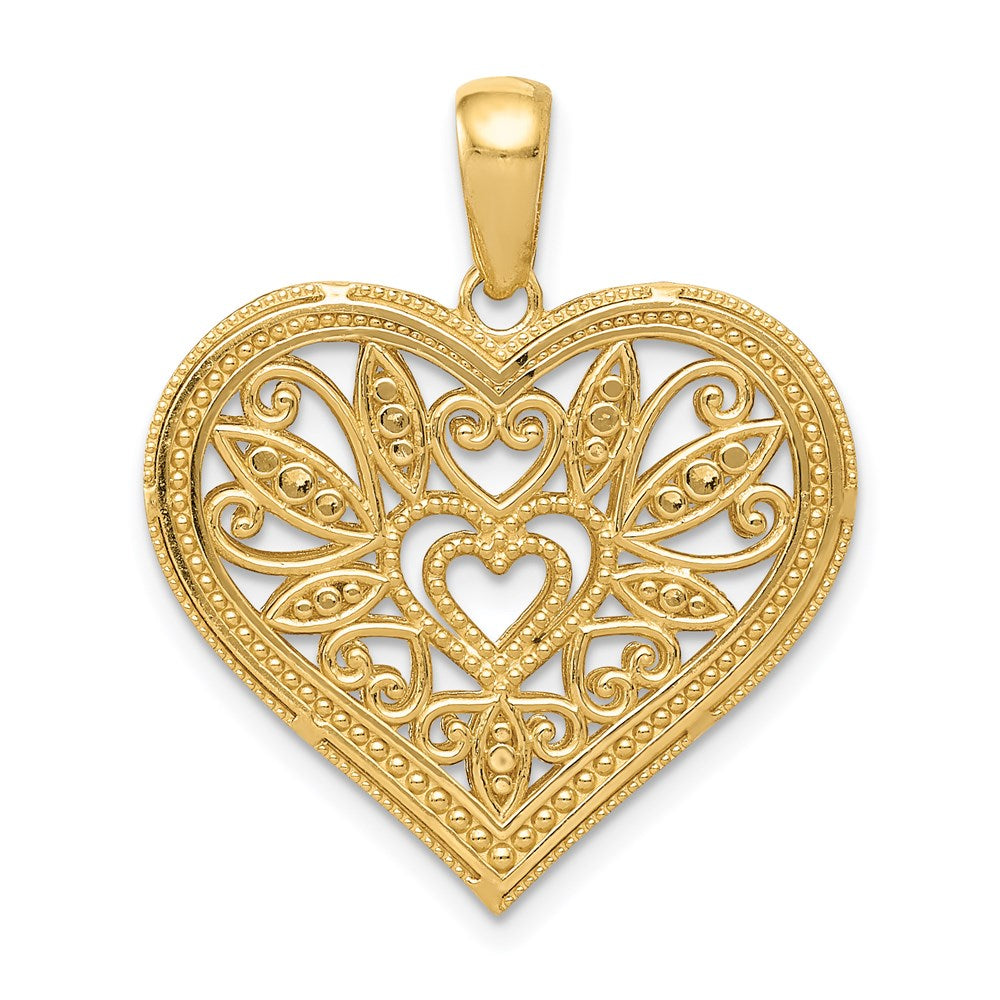 Million Charms 14K Yellow Gold Themed With Rhodium-plated Polished Diamond-Cut Filigree Heart Pendant
