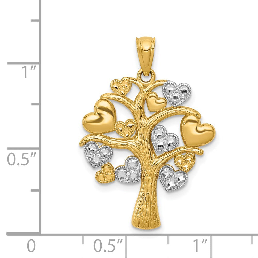 Million Charms 14K Yellow Gold Themed With Rhodium-plated Polished Hearts Tree Pendant