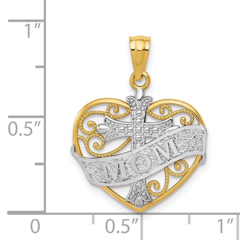 Million Charms 14K Yellow Gold Themed With Rhodium-plated Mom & Relgious Cross Inside Filigree Heart Pendant