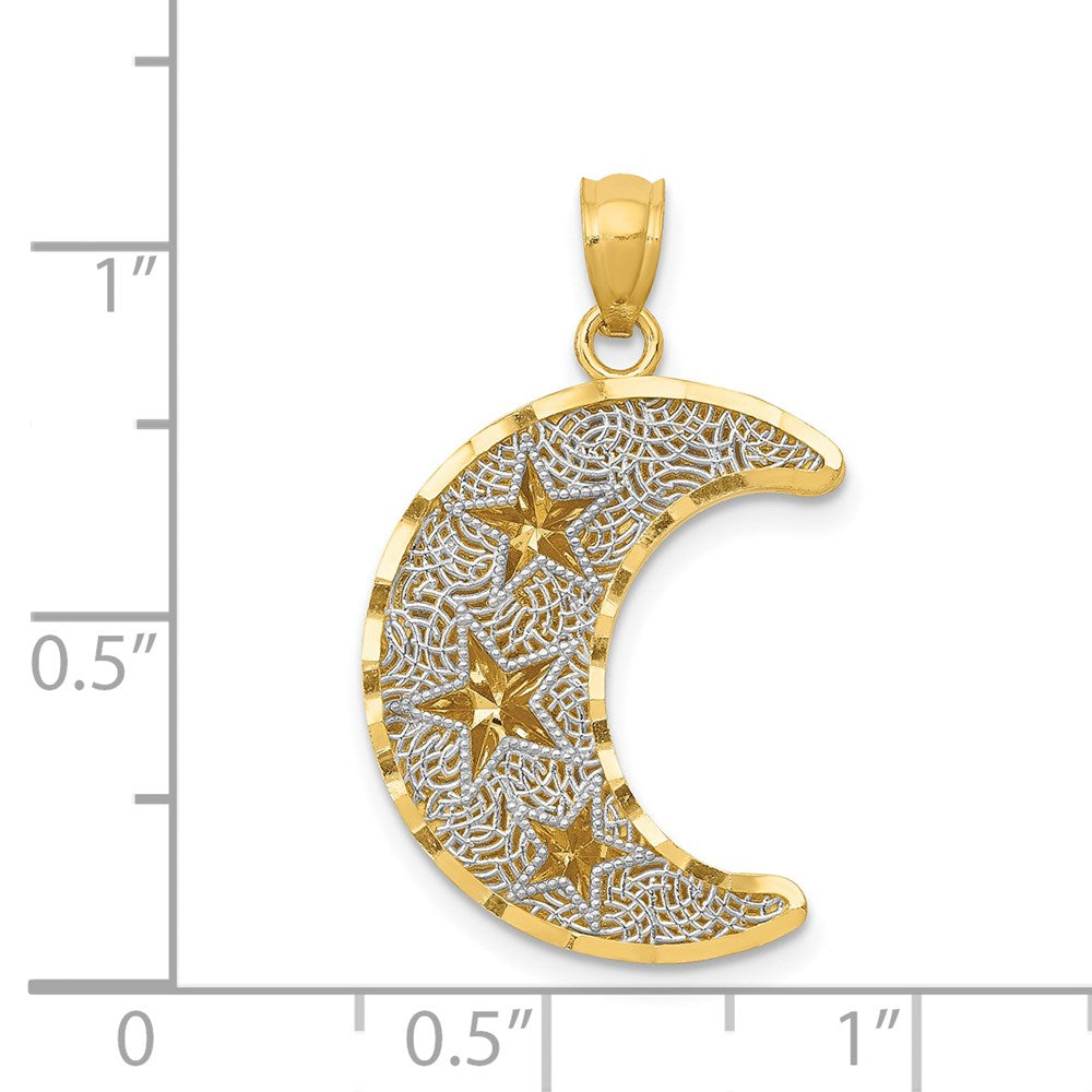 Million Charms 14K Yellow Gold Themed With Rhodium-plated Diamond-Cut 2-Level Stars In Moon Pendant