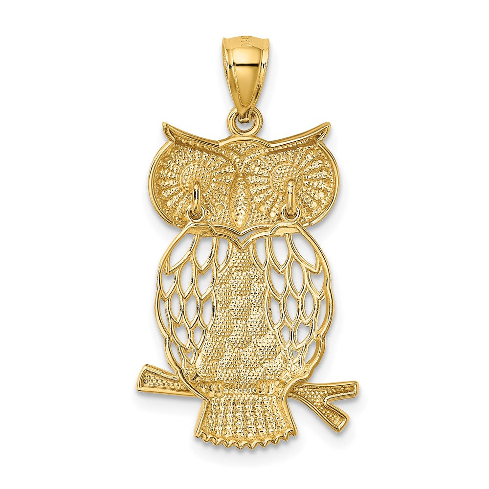 Million Charms 14K Yellow Gold Themed, Rhodium-plated Diamond-Cut Polished Moveable Owl Pendant