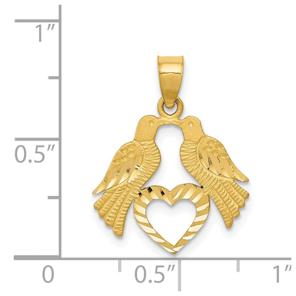 Million Charms 14K Yellow Gold Themed Polished Diamond-Cut Love Birds With Heart Pendant