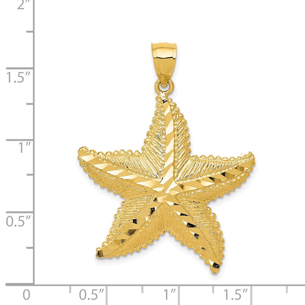 Million Charms 14K Yellow Gold Themed Polished, Textured Diamond-Cut Nautical Starfish Pendant