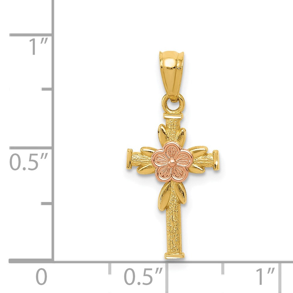 Million Charms 14K Yellow & Rose Polished Diamond-Cut Relgious Cross With Flower Pendant
