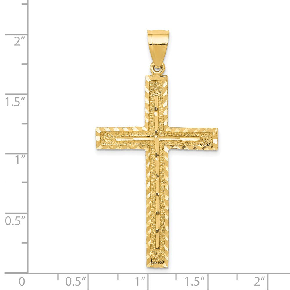 Million Charms 14K Yellow Gold Themed Polished, Textured Diamond-Cut Latin Relgious Cross Pendant