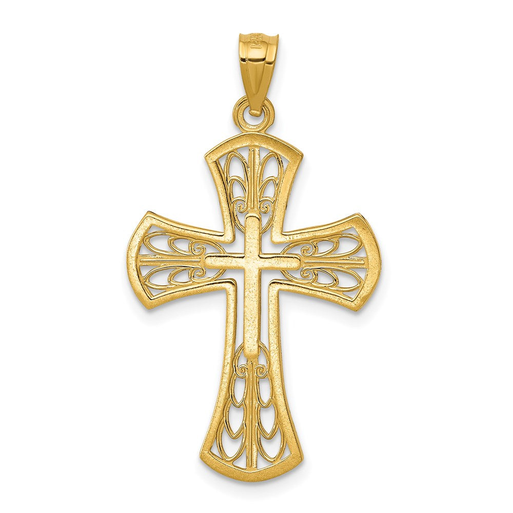 Million Charms 14K Yellow Gold Themed With Rhodium-plated Polished Diamond-Cut Filigree Relgious Cross Pendant