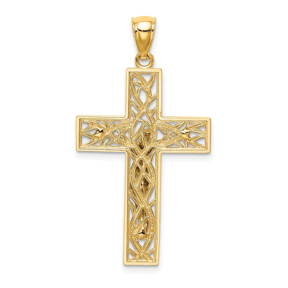 Million Charms 14K Two-Tone Satin & Polished Diamond-Cut Relgious Crucifix With Vines Pendant
