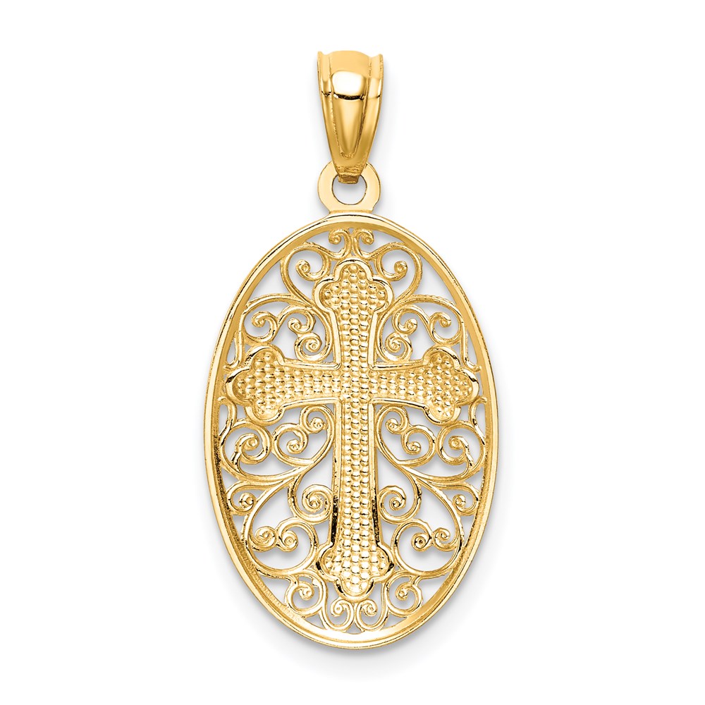 Million Charms 14K Yellow Gold Themed With Rhodium-plated Diamond-Cut Relgious Cross In Filigree Charm