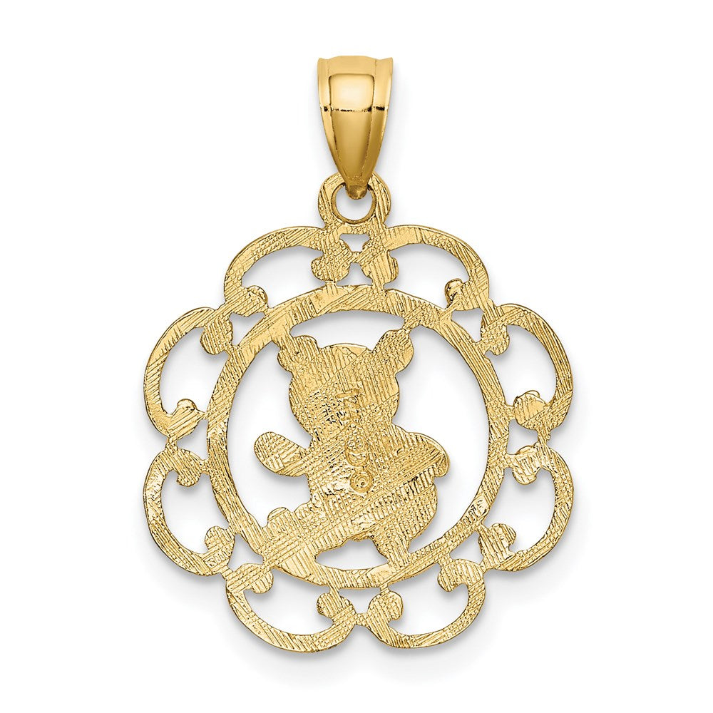 Million Charms 14K Yellow Gold Themed Teddy Bear In Scalloped Circle Charm
