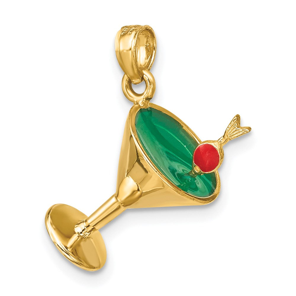 Million Charms 14K Yellow Gold Themed 3-D Green Enamel Martini With Cherry Charm