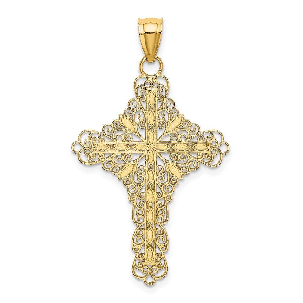 Million Charms 14K Yellow Gold Themed White Enamel Filigree Relgious Cross Charm