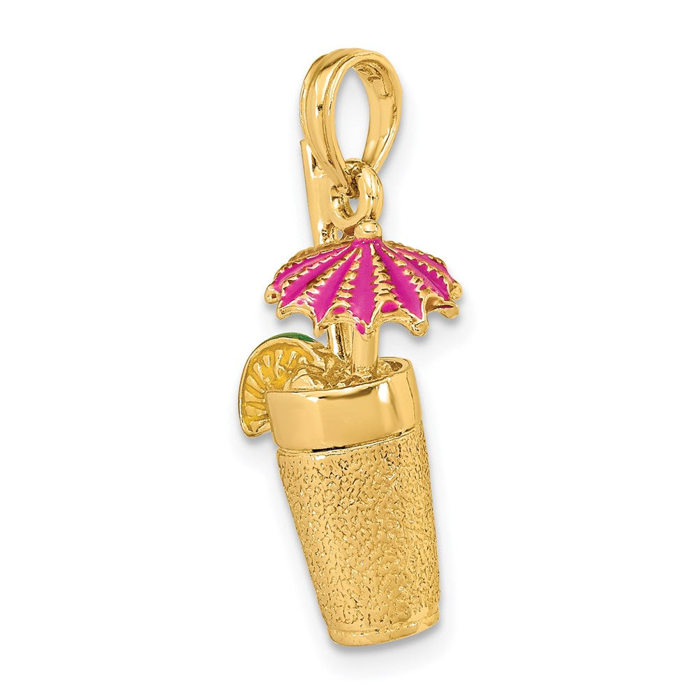 Million Charms 14K Yellow Gold Themed 3-D Cocktail Drink With Fuschia Enamel Umbrella & Lime Charm