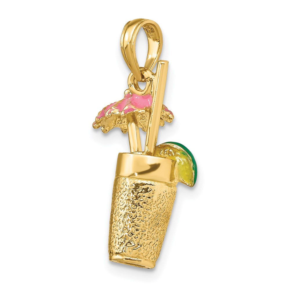 Million Charms 14K Yellow Gold Themed 3-D Cocktail Drink With Pink Enamel Umbrella Charm