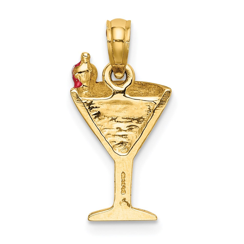 Million Charms 14K Yellow Gold Themed 2-D Green Enameled Martini With Cherry Charm