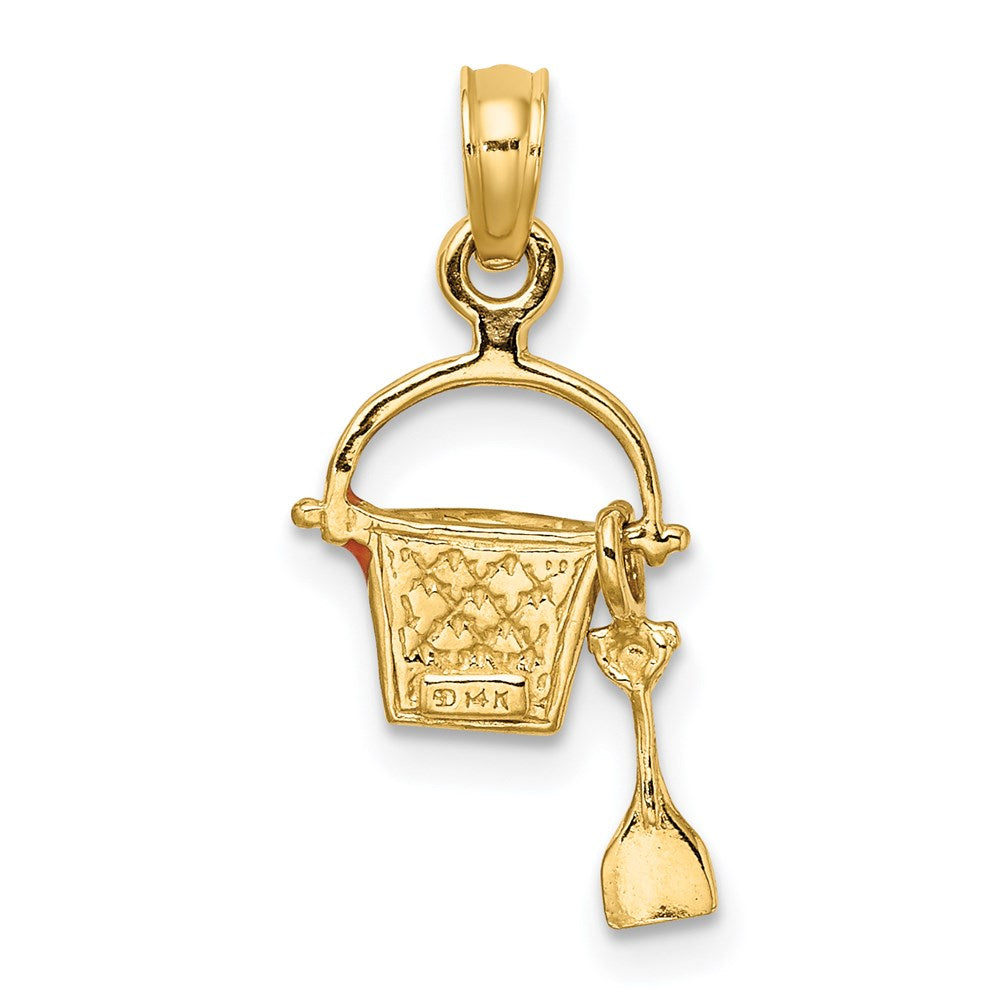 Million Charms 14K Yellow Gold Themed 2-D Orange Enameled Beach Bucket With Moveable Shovel Charm