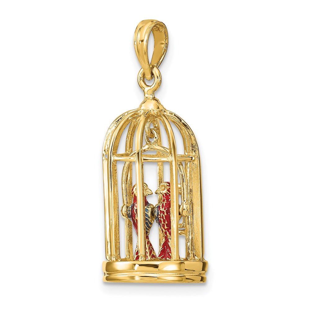 Million Charms 14K Yellow Gold Themed With Enamel 3-D Bird Cage With 2 Birds & Doors Open Charm