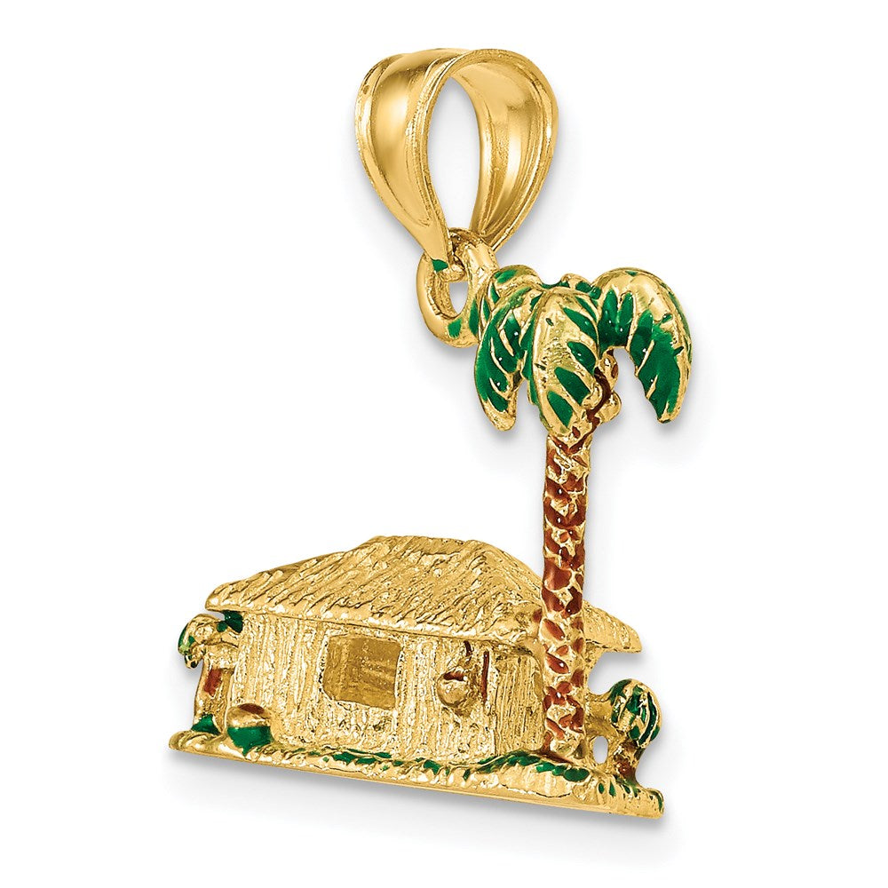 Million Charms 14K Yellow Gold Themed 3-D With Enamel Palm Tree & Hut Charm