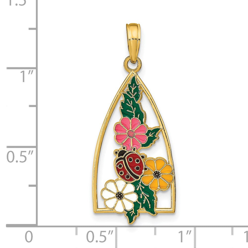 Million Charms 14K Yellow Gold Themed Enameled Ladybug & Flowers Pendant